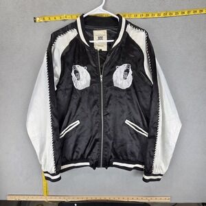 No Comment Jacket Mens XL Black White Bomber Embroidered Full Zip Bear